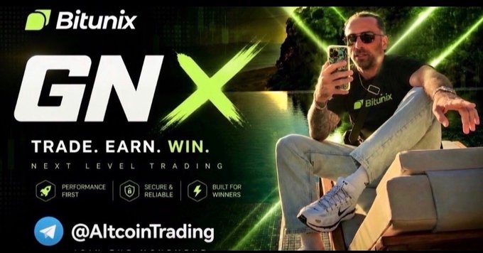 An advertisement for 'Bitunix' featuring the text 'GNX TRADE. EARN. WIN. NEXT LEVEL TRADING' alongside a man in sunglasses holding a phone, with the Telegram handle '@AltcoinTrading' at the bottom.