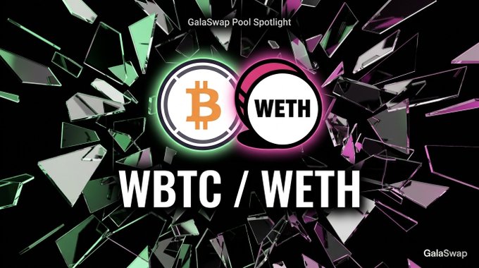 A promotional graphic for GalaSwap highlighting the WBTC/WETH liquidity pool, featuring the Bitcoin and Wrapped Ethereum token logos against a shattered glass background in green and magenta hues, with "GalaSwap Pool Spotlight" at the top and the "WBTC / WETH" pair prominently displayed in the center.