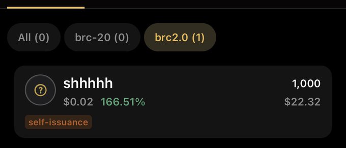 The image shows a BRC-2.0 token listing for "shhhhh" with a price of $0.02, up 166.51%, holding 1,000 tokens valued at $22.32, marked as "self-issuance." This aligns with the post's excitement about a pump, though the seller claims to have offloaded 2,000 tokens below $10 each—much higher than the current $0.02 displayed.