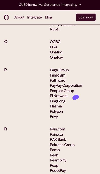 A website navigation showing a list of companies starting with N, O, P, and R, including names like Nuvei, OCBC, OKX, Polygon, Privy, Rain.com, and Reamp, with a header reading 'OUS D is now live. Get started integrating.'