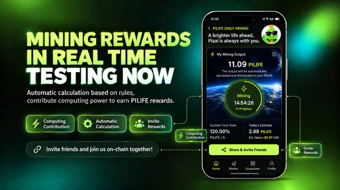 A promotional graphic for PILIFE mining rewards app showing "MINING REWARDS IN REAL TIME TESTING NOW" with a smartphone displaying mining output details.