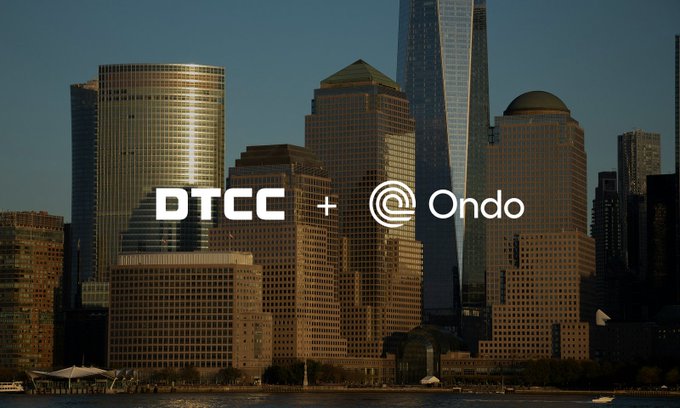 The image features the DTCC and Ondo logos overlaid on a New York City skyline, visually representing the partnership between the Depository Trust & Clearing Corporation (DTCC) and Ondo Finance's subsidiary Oasis Pro Markets joining its Fund/SERV platform as the first tokenization company on the network, bridging traditional and digital finance.