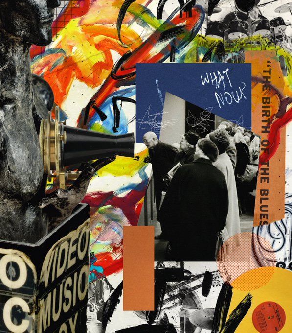 Abstract collage artwork mixing colorful paint splashes, a black and white photograph of a crowd of people, text reading 'WHAT NOW' and 'THE BIRTH OF THE BLUES', plus a 'VIDEO MUSIC BOX' sign.