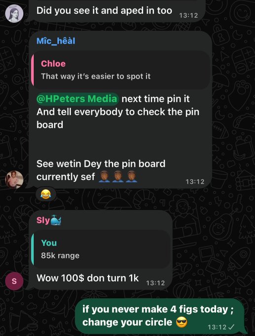 A Telegram group chat shows users discussing a pin board and prices, with "Sly" sharing "85k range" and the message "Wow 100$ don turn 1k" appearing in context, while a pinned reply at the bottom reads "if you never make 4 figs today; change your circle 😎" — directly tying into the post's reference to hitting "4 figs" (four figures).