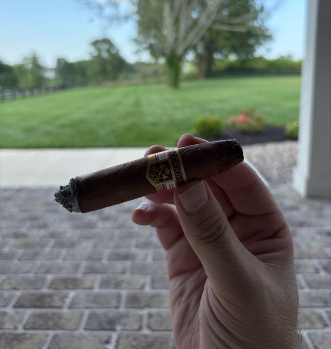 A hand holds a lit cigar with a "Dunbarlin" band in front of a countryside view, the relaxed posture and outdoor setting suggesting a leisurely moment of celebration marking the milestone of "$65k Bitcoin."