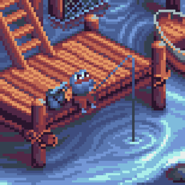 Pixel art depicts a small character in blue armor fishing off a wooden dock over blue water.