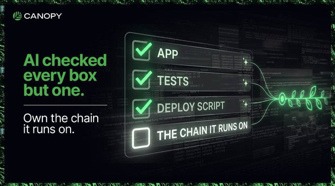 Canopy advertisement with the tagline 'AI checked every box but one. Own the chain it runs on' showing checkmarks for App, Tests, and Deploy Script but unchecked 'THE CHAIN IT RUNS ON'.
