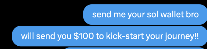 The image shows a screenshot of text messages where someone asks for a SOL wallet and promises to send $100 to help kick-start their journey. This relates to the post, where the user is fulfilling that promise by sending $100 giveaways through their FOMO referral link (fomo.family/r/nobrainflip) to people starting their crypto journey.