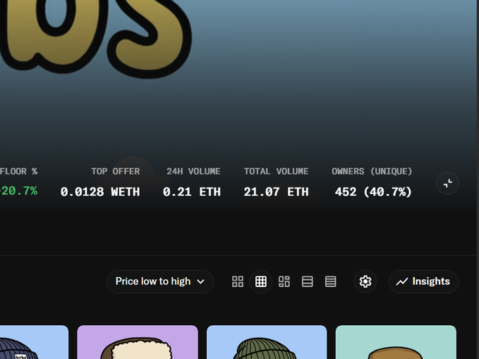 A screenshot of an NFT marketplace dashboard (likely OpenSea) showing collection stats including 20.7% floor, 0.0128 WETH top offer, 0.21 ETH 24h volume, 21.07 ETH total volume, and 452 owners (40.7%), with NFT thumbnails at the bottom.