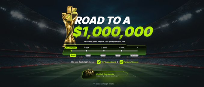 Marketing banner for 'ROAD TO A $1,000,000' trading competition featuring tier levels at $100K-$400K, with prizes including cash, QP Leaderboard rewards, and random winners.