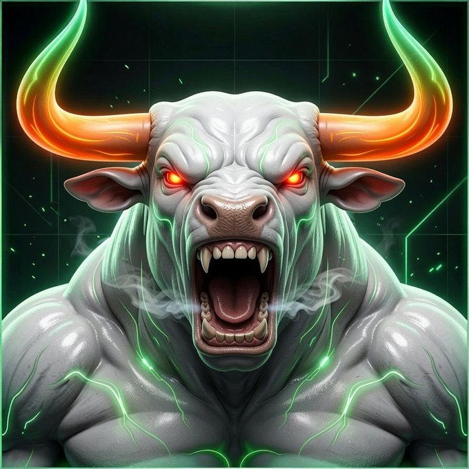 A fierce white minotaur-like creature with glowing red eyes, bared fangs, large orange-yellow horns, and green neon energy coursing across its muscular body snarls against a dark grid background.