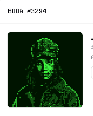 A pixelated, green-toned retro-style portrait of a woman with long hair against a black background, with the text 'BOA #3294' displayed above.