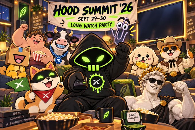 A colorful cartoon promotional banner for 'HOOD SUMMIT '26', taking place 'SEPT 29-30' as a 'LONG WATCH PARTY'. The scene features a hooded hacker figure with glowing green eyes surrounded by various cartoon mascots, a muscular statue, and banners reading 'GOOD FRIENDS HIGHER CONVICTION' and 'SAME CREW LONGER TOMORROW'.