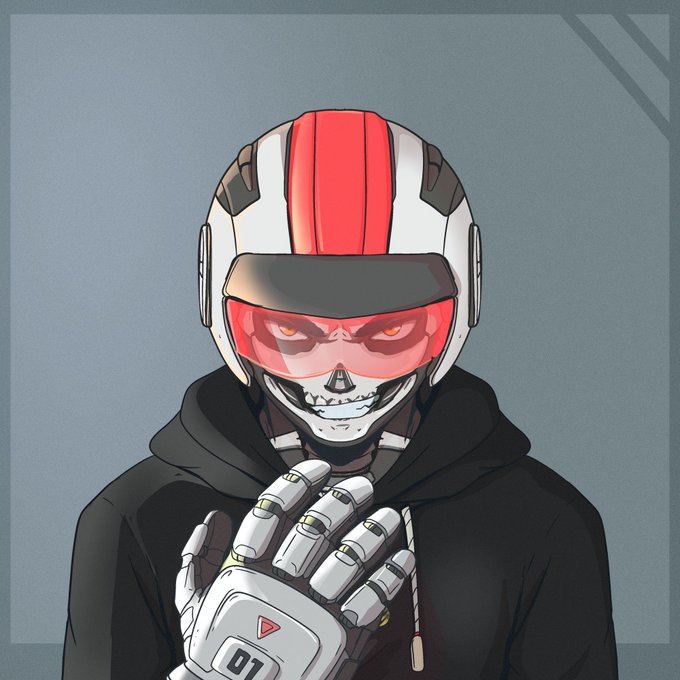 A skull-faced figure wearing a futuristic white and red helmet with a transparent visor, dressed in a black hoodie, poses with a robotic white glove displaying "01." The cybernetic, racing-inspired character design aligns with the "Racerz" theme, embodying the edgy, tech-forward identity of the @Racerz_eth community.