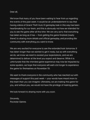 The image appears to be a leaked email from MuckRock Games addressed to "everyone," apologizing for events related to the Halloween Update, discussing unresolved issues with the game for "Pentecost on November 15," and mentioning the team's disappointment over a recent image being shared widely without context. The visible signature shows the sender's name as MuckRack Games.