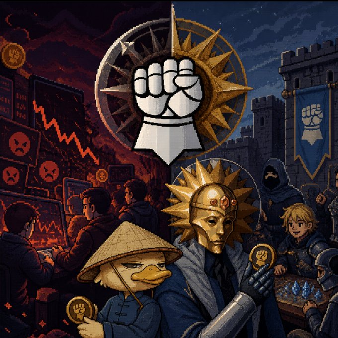 A pixel-art image depicts a contrasting crypto scene split between red, declining charts on the left and golden, sunlit castle imagery on the right, featuring a duck in a conical hat, an armored figure holding a fist-emblazoned coin, and hooded individuals, all unified by a central white fist-and-sun emblem that mirrors a banner in the castle courtyard.

The image visually reinforces the post's theme by juxtaposing the chaotic, bearish "worth" stage (red charts) with the idealistic, community-driven purpose stage (the golden castle and unity fist emblem).