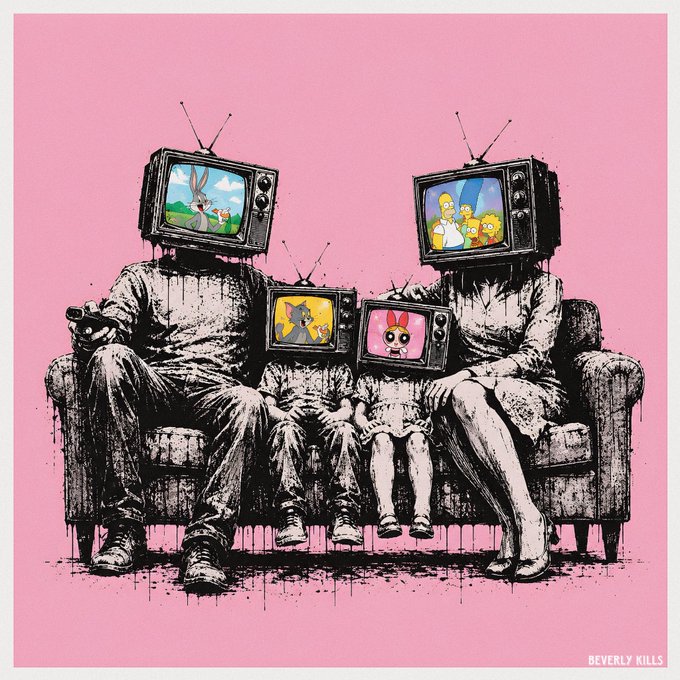 Street art style illustration on pink background showing a family of four sitting on a couch with vintage TV sets for heads displaying Bugs Bunny, The Simpsons, Tom and Jerry, and Pinkfong's Baby Shark, signed 'BEVERLY KILLS' in the corner.