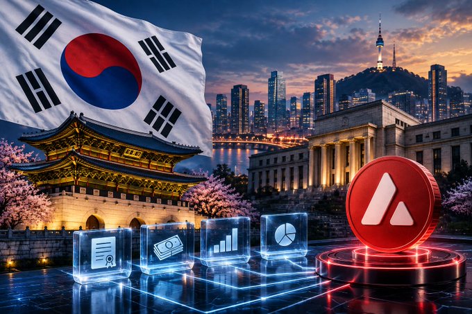 A promotional composite image featuring the South Korean flag, traditional palace, Seoul skyline, an Avalanche (AVAX) coin, and digital document/coin icons.