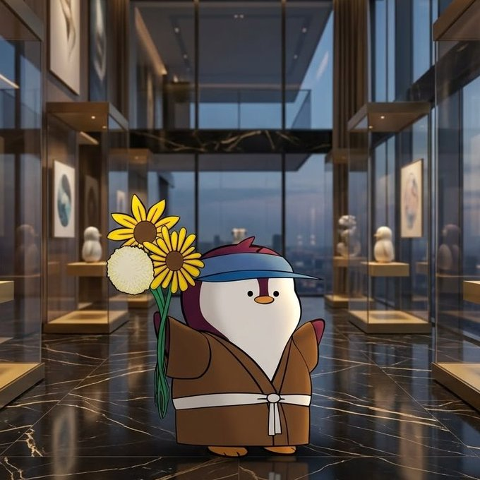 A cartoon penguin character in a brown robe holding sunflowers and wearing a blue visor, standing in what appears to be a luxurious gallery or showroom with marble floors.