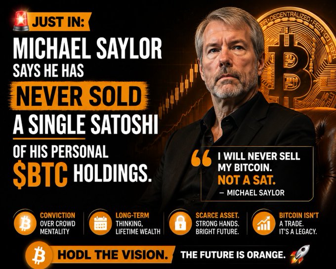 A promotional graphic features Michael Saylor alongside the headline "MICHAEL SAYLOR SAYS HE HAS NEVER SOLD A SINGLE SATOSHI OF HIS PERSONAL $BTC HOLDINGS," accompanied by his quote "I WILL NEVER SELL MY BITCOIN. NOT A SAT." The image reinforces the post's message about Saylor's unwavering Bitcoin strategy, highlighting themes of "Conviction Over Crowd Mentality" and "Long-Term Thinking, Lifetime Wealth" to emphasize "Time in the market > timing the market."