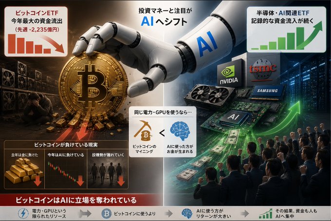 The image shows a colorful graphic depicting three computer parts, including a CPU (central processing unit), a GPU (graphics processing unit) and a robot arm, all rendered in Japanese text with English explanations provided below each component. There are also several people present on the right side of the image who appear to be part of this AI-based economy or technological landscape depicted by the graphic. The caption for the image indicates that Bitcoin is being squeezed out by an AI system and that it's losing its position as the asset with exploding prices, such as semiconductor and memory stocks.
