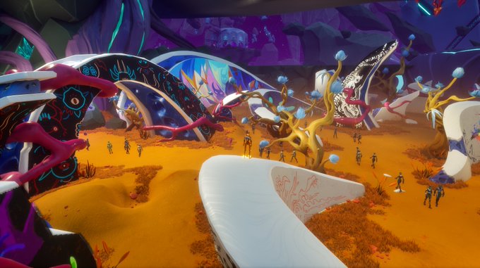 A vibrant fantasy digital artwork showing a colorful alien landscape with large, exotic creatures, humanoid figures, and a yellow sandy ground beneath a purple sky.