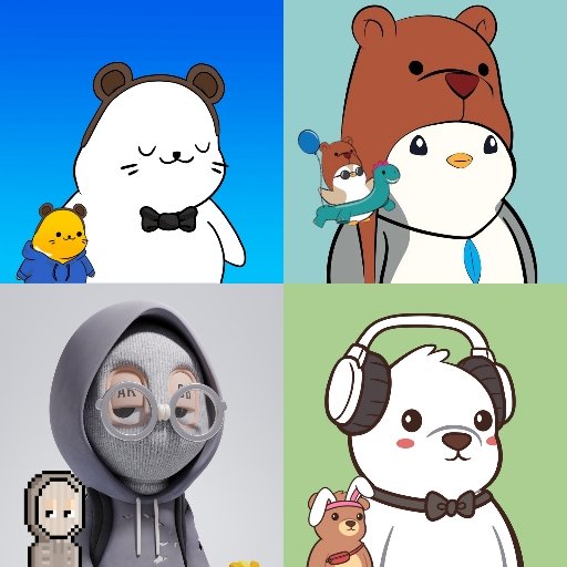 A 2x2 grid of cartoon-style characters including a white bear with a bow tie, a bird wearing a bear hat, a figure in a gray hoodie with pixelated sunglasses, and a dog with large headphones.