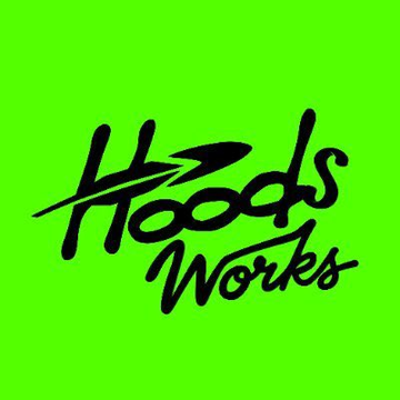 A bright green background featuring a black stylized signature-style logo reading 'Hoods Works'.