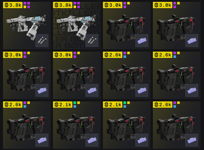 A grid of in-game weapon inventory icons from Marathon, featuring two "Brutweiler" SMGs priced at 3.8k and ten identical black tactical weapons (marked 88) ranging from 2.1k to 3.0k, each with a small purple item attached. The collection humorously illustrates the poster's "throwing... I mean growing" vault by showing a growing stockpile of duplicate weapons acquired through RNG-based loot drops.