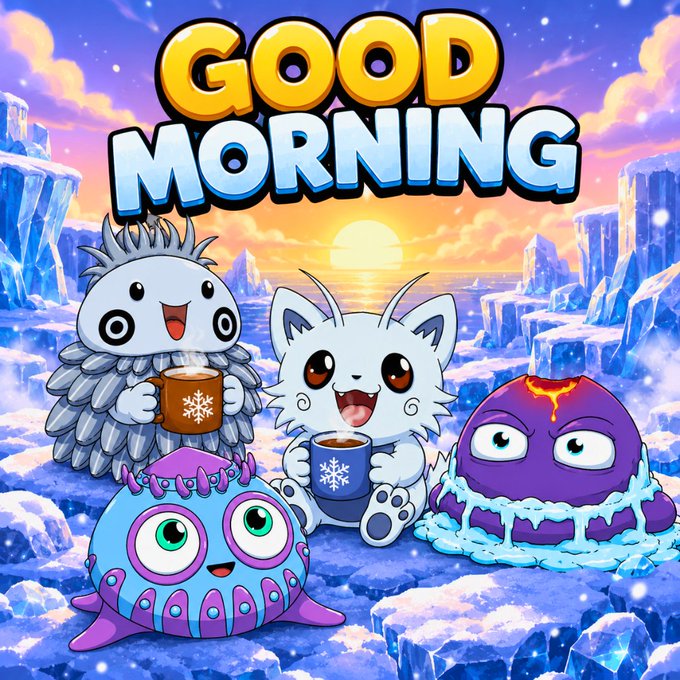 A colorful cartoon graphic reading 'GOOD MORNING' featuring four cute monster-like creatures (a fluffy one, a cat, a purple cyclops, and a blue multi-eyed creature) holding mugs in an icy landscape with a sunset.