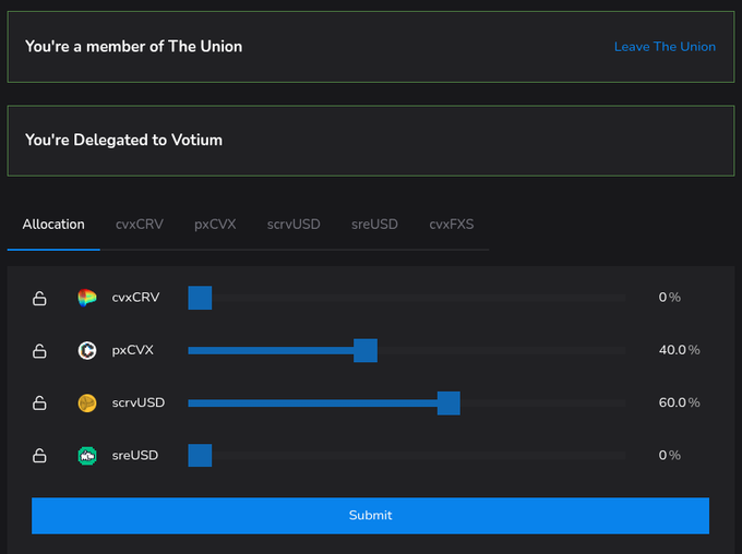 A dashboard interface showing 'You're a member of The Union' and 'You're Delegated to Votium' with an allocation tab featuring sliders for cvxCRV (0%), pxCVX (40.0%), scrvUSD (60.0%), and sreUSD (0%), with a Submit button.