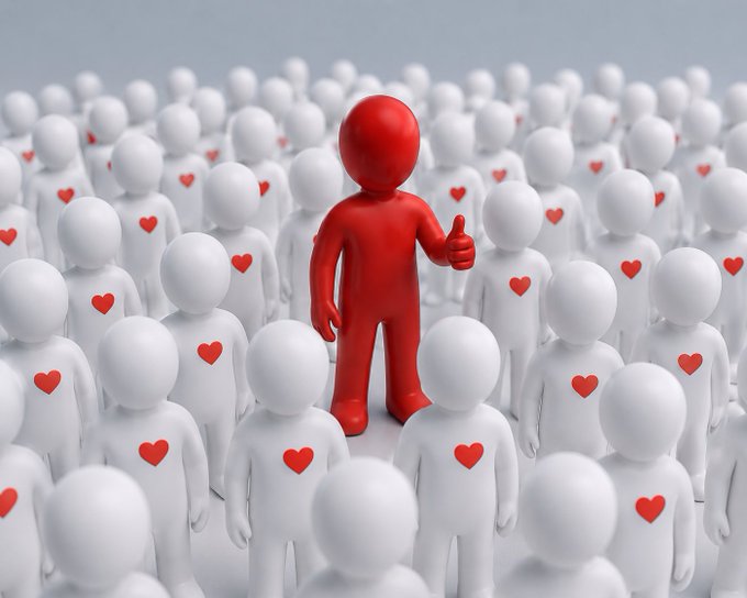 A 3D rendering showing a red figure giving a thumbs-up, standing out among a crowd of white figures each marked with a small red heart on their chest.