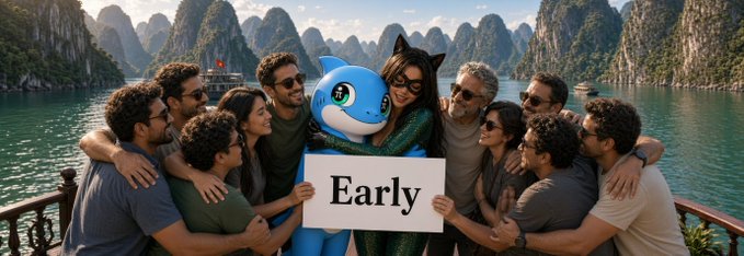 A group of people on a boat with a scenic karst mountain landscape in the background, posing with a blue cartoon character and a person wearing cat ears, holding a sign that reads 'Early'.
