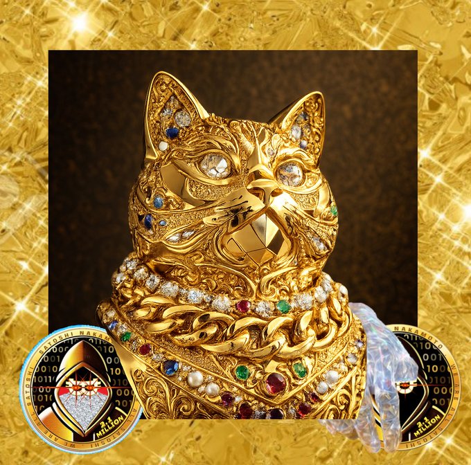 An ornate golden cat figurine adorned with jewels, pearls, and gold chains, set against a sparkling gold background with two Dogecoin-style cryptocurrency tokens overlaid at the bottom.