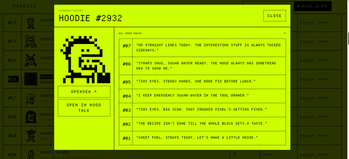 A neon green interface for 'HOODIE #2932' from the Hoodies NFT collection, displaying a pixel art character smoking and chat history from hood talk entries #01-#07.