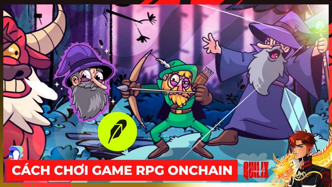 A vibrant cartoon illustration shows wizard characters in a fantasy forest setting alongside an archer hero, with bold text reading "CÁCH CHƠI GAME RPG ONCHAIN" and the "ROBINHOOD CHAIN" logo. The artwork visually represents the RPG Onchain game guide, depicting the wizard-wielding characters and archer champion that players can create by staking $RPG tokens to battle bosses.