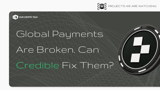 A graphic titled "Projects We Are Watching" and "Our Crypto Talk" features the headline "Global Payments Are Broken. Can Credible Fix Them?" alongside a 3D coin bearing a stylized "F" logo (likely representing Fluid or a related partner), visually introducing Credible ($CRED) as the latest crypto project spotlight.