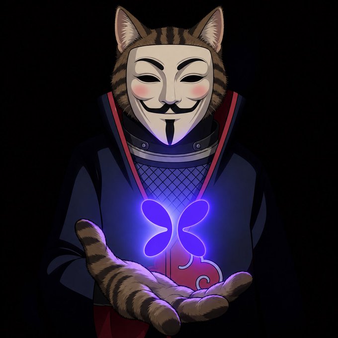 An illustrated cat-like character wearing a Guy Fawkes mask and a dark hooded robe with red trim, holding out its paw to reveal a glowing blue butterfly emblem on its chest.