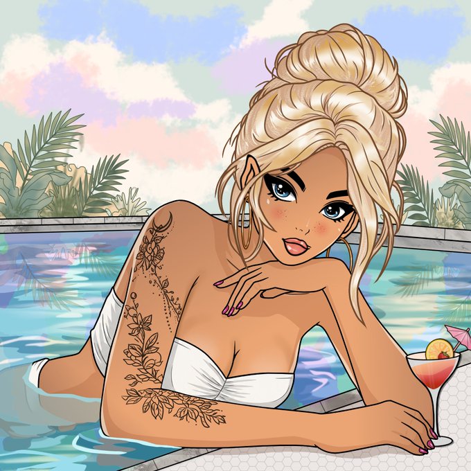 Anime-style illustration of a blonde woman with a top bun, floral tattoos, and a white bikini posing in a pool with a cocktail.