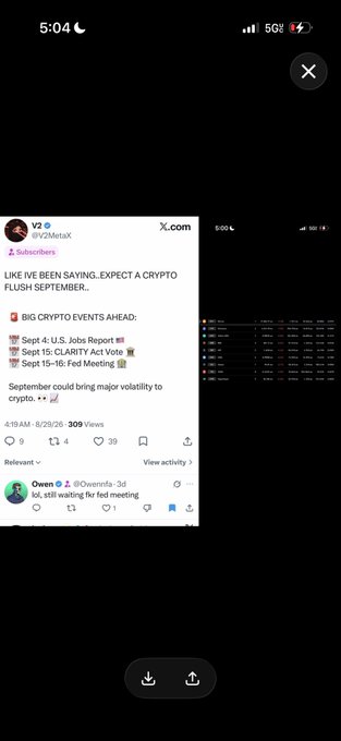 A mobile screenshot shows an X (formerly Twitter) post from user V2 (@V2MetaX) captioned "LIKE I'VE BEEN SAYING…EXPECT A CRYPTO FLUSH SEPTEMBER," highlighting four upcoming September crypto events: Sept 8 U.S. Jobs Report, Sept 15 CLARITY Act Vote, Sept 15-16 Fed Meeting, and noting "September could bring major volatility to crypto." The post, posted at 4:19 AM on 8/29/26 with 309 views, includes an attached chart and is followed by a reply from user Owen saying "lol, still waiting for fed meeting," reinforcing the post's bearish September crypto prediction.