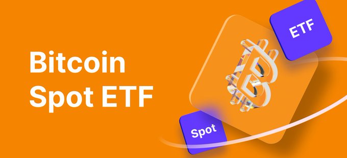 An image promoting "Bitcoin Spot ETF" with a stylized Bitcoin logo and "ETF" and "Spot" labels on purple tags, set against an orange background. The graphic visually represents the Bitcoin spot ETF topic discussed in the post about the $490M net outflow recorded on October 7.
