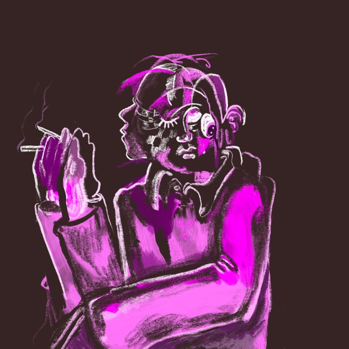 A stylized digital painting rendered in pink and black tones depicts a person with closed eyes holding a lit cigarette.