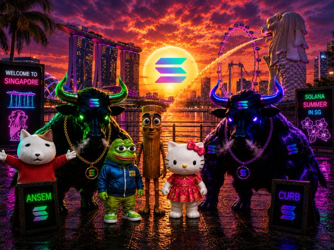 This vibrant image depicts Solana-themed characters, including bulls, Pepe the Frog, and Hello Kitty, with the Singapore skyline in the background and signs for ANSEM and CURB. The post's mention of "Solana Bulls" and the tickers $SOL, $ANSEM, and $CURB directly relate to the crypto-focused imagery and characters presented.