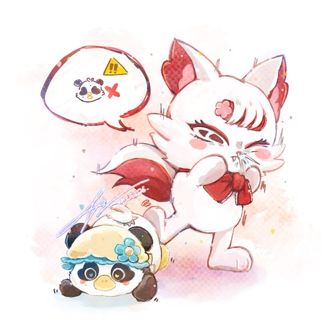 A watercolor illustration shows a crying white fox-like kitten with a red bow, sneezing with a speech bubble depicting a crossed-out panda and exclamation marks, while a small baby panda plushie lies beside it—reflecting the caption's "Panduck allergy" joke and signaling the end of the artist’s Baby Collection featuring the JEWEL and LUNAR characters.