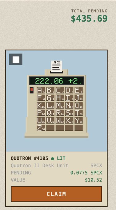 A digital collectible card displays "QUOTRON #4105" featuring a Quotron II Desk Unit with a total pending value of $435.69 and a claimable reward of 0.0775 SPCX valued at $10.52, fitting the "10 hours later" post as it shows the accumulated earnings over time.