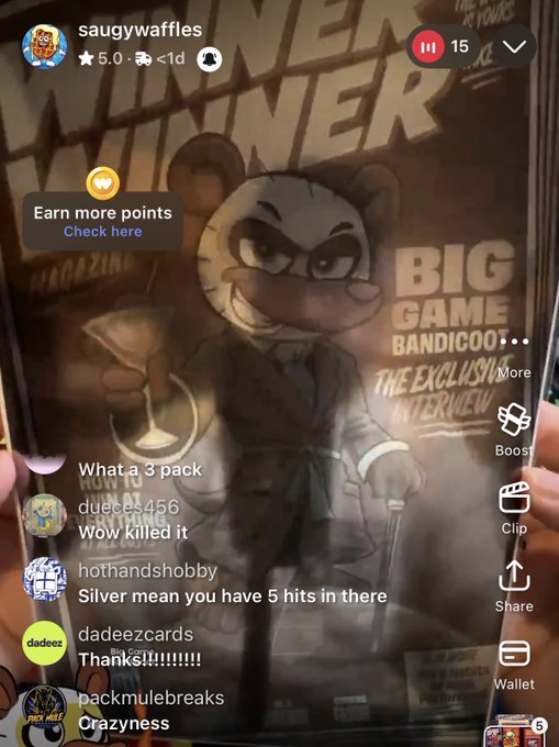 TikTok livestream by saugywaffles featuring a 'Winner Winner Big Game' Bandicoot exclusive interview card with viewer comments visible.