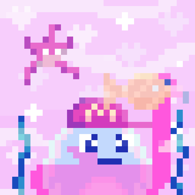 Pixel art featuring a pink starfish character and a pink figure resembling Hello Kitty against a pink checkered background with white plus signs.
