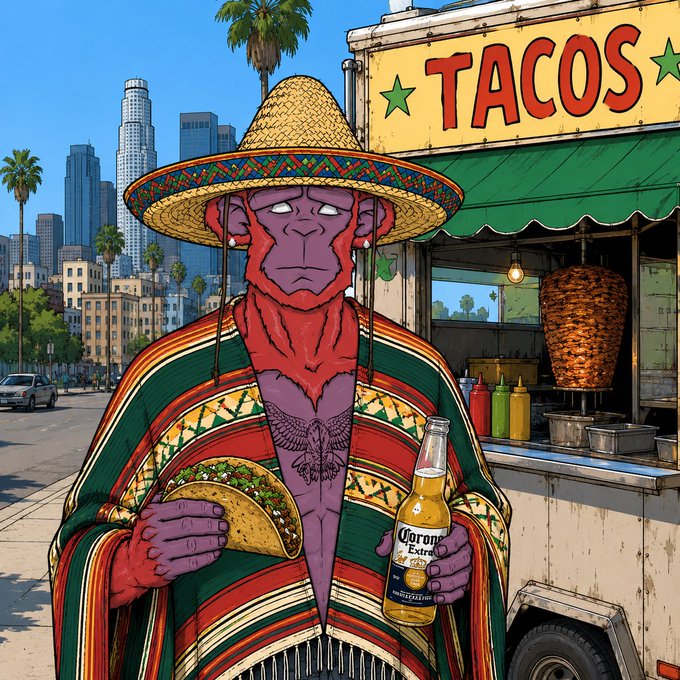 A colorful comic-style illustration of a red and purple character wearing a sombrero and a striped poncho, holding a taco and a Corona beer bottle in front of a "TACOS" food truck with a city skyline in the background.