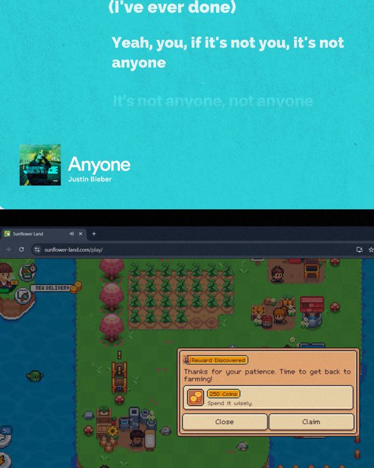 A Spotify screen showing Justin Bieber's "Anyone" lyrics ("Yeah, you, if it's not you, it's not anyone") is paired with gameplay from Sunflower Land, where a "Reward Discovered" pop-up offers 250 Coins for the player's patience in farming quests. The image blends music with the pixelated farming experience, matching the post's casual Sunday vibe of "touching some grass" both IRL and in-game.