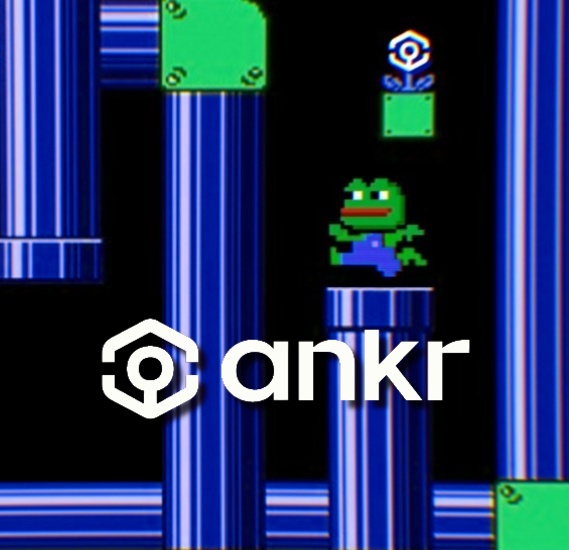 The image shows a retro 8-bit video game scene featuring a green frog-like character climbing striped blue platforms, overlaid with the white "ankr" logo and hexagonal icon. This pixelated platformer visual metaphorically represents Ankr's role in building the foundational "infrastructure" levels for blockchain and AI, supporting climbing demand much like the platforms support the character ascending.
